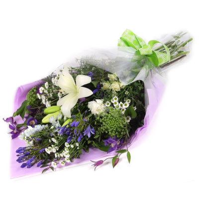 Moonlit Whisper - Beautiful hues of lavender will make up this beautiful bouquet, showcasing a blend of white and purple blooms. Perfectly wrapped and finished with a ribbon.