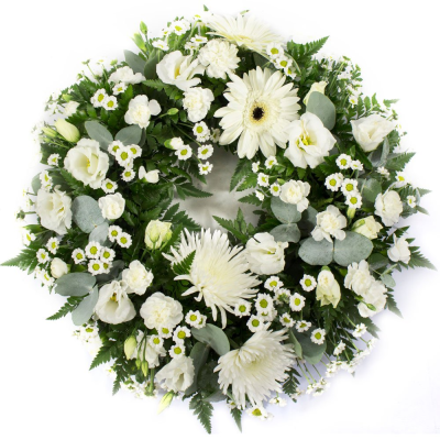 Classic Wreath in White -SYM-321 - This classic wreath made with mixed white and cream flowers is suitable for a lady or a gentleman. This type of funeral arrangement needs at least one working days’ notice for delivery. Same day delivery is not possible.